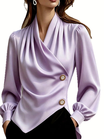 Women's draped button-front asymmetric blouse in lavender, front model view.
