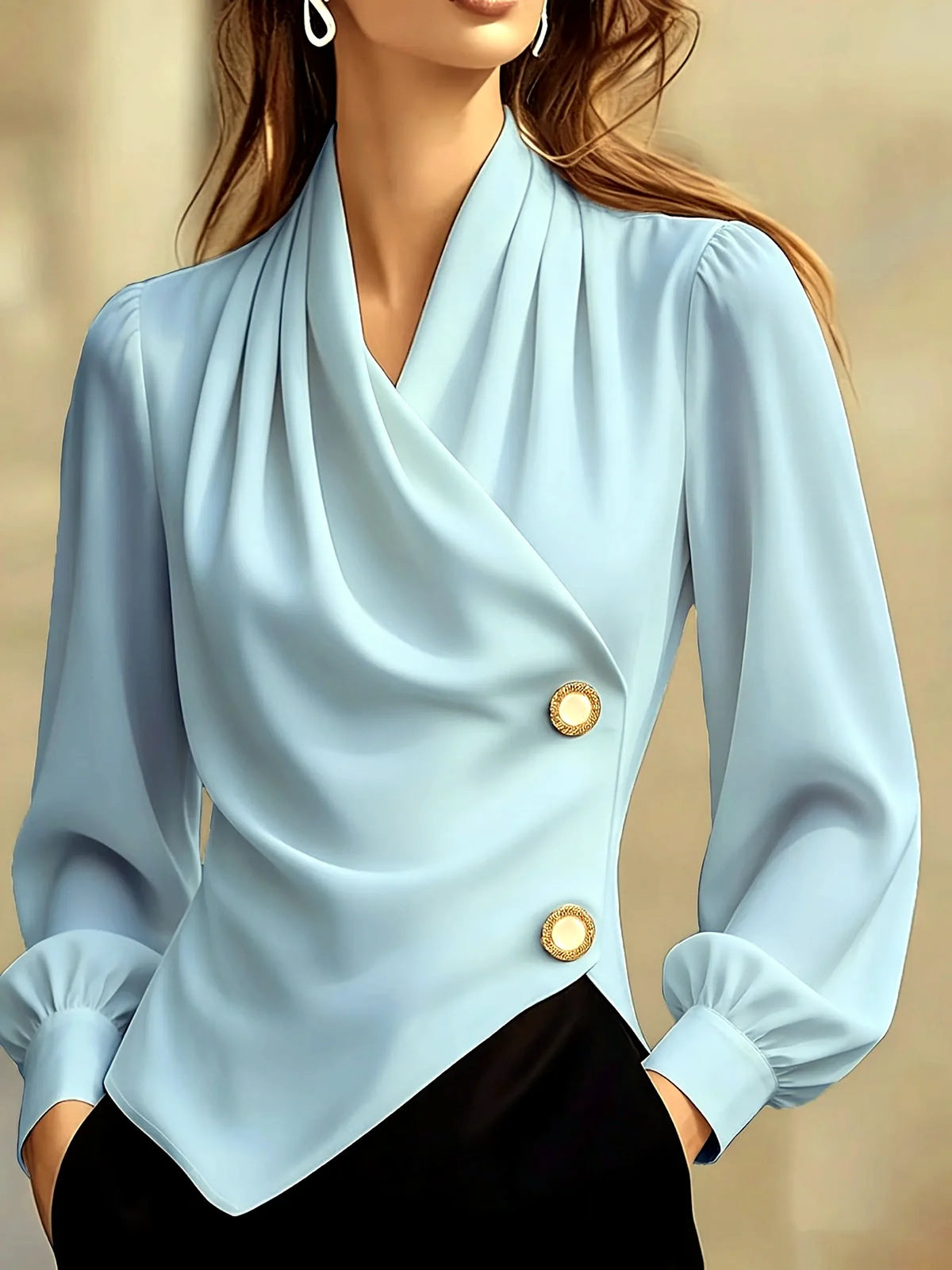 Women's draped button-front asymmetric blouse in light blue, front model view.