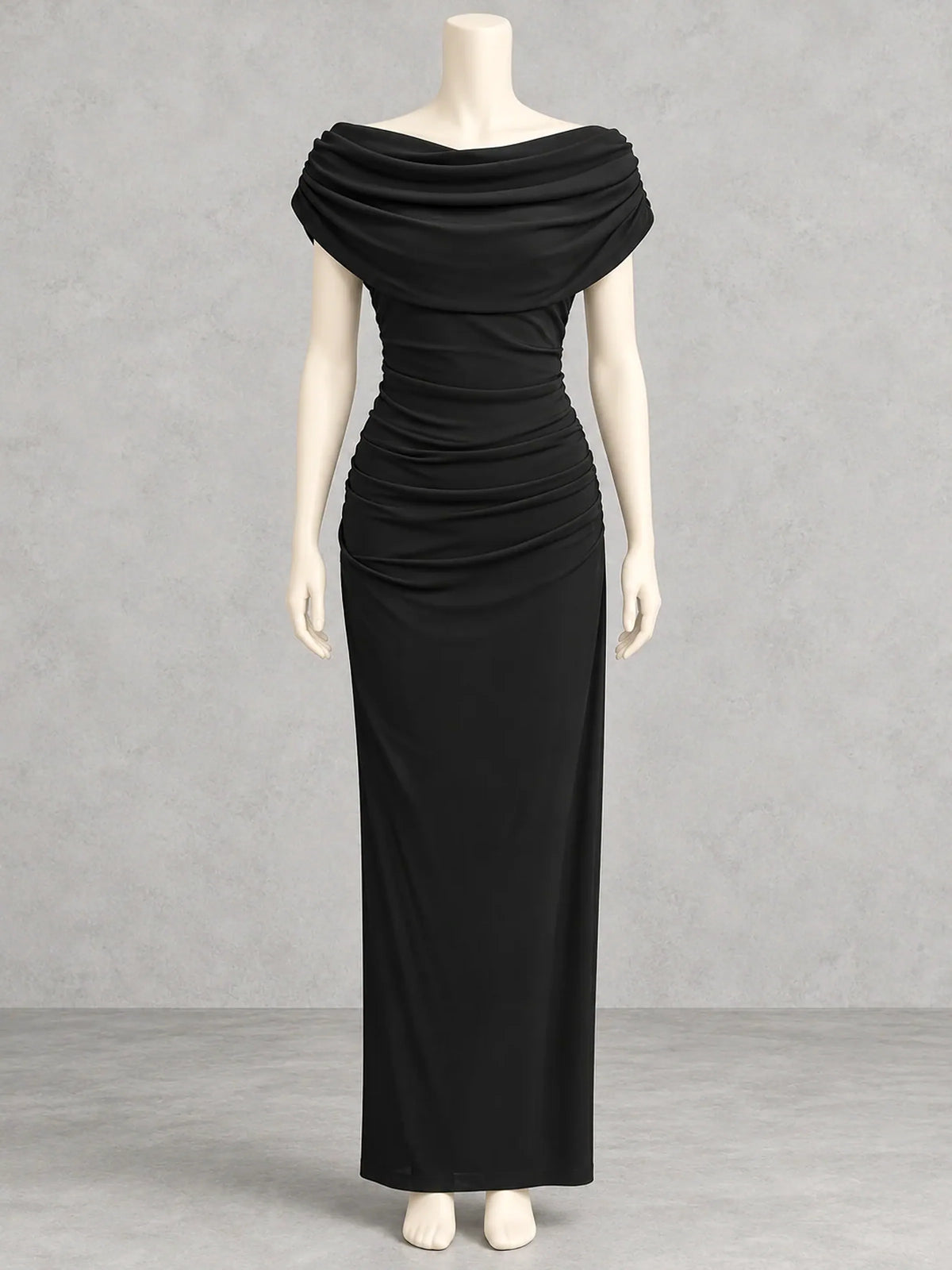 Women's draped cowl-neck ruched maxi dress in black, front mannequin view.