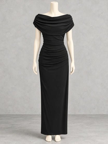 Women's draped cowl-neck ruched maxi dress in black, front mannequin view.
