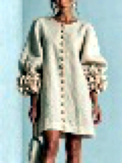 Women's floral-cuff button-front relaxed dress in ivory, alternate model view.