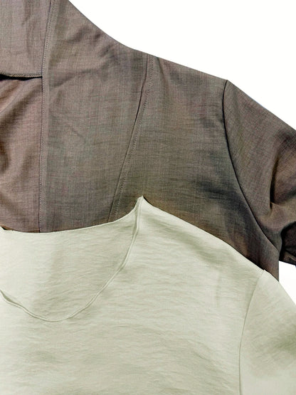 Women's linen-blend relaxed top and wide-leg pants set in taupe and ivory, neckline and fabric detail.