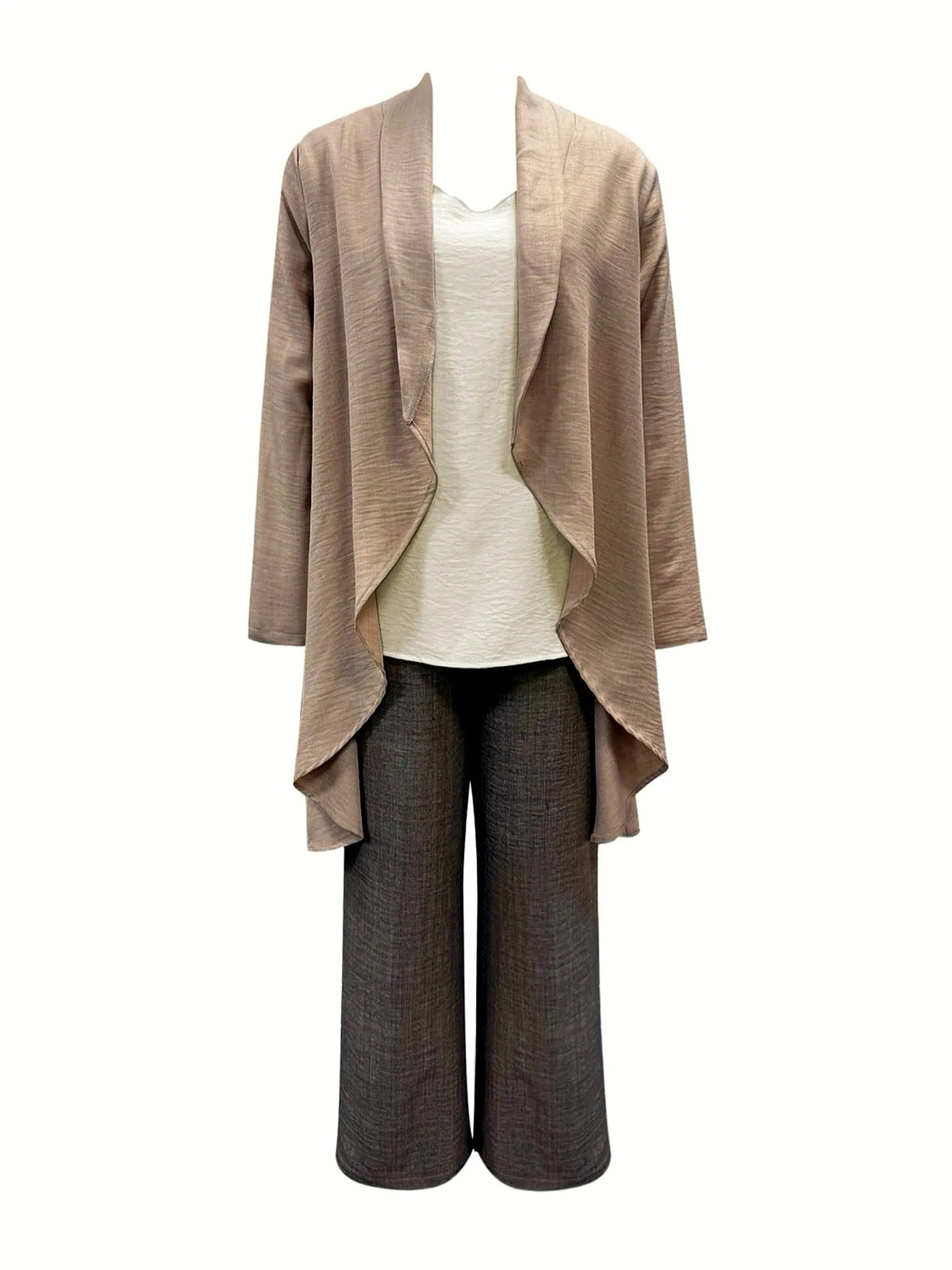 Women's linen-blend relaxed top and wide-leg pants set in taupe, front mannequin view.