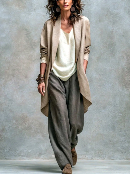 Women's linen-blend relaxed top and wide-leg pants set in taupe, model view with contrasting pants.