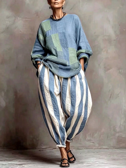 Women's patchwork top and striped relaxed pants set in blue and green, front model view.