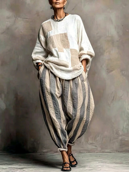 Women's patchwork top and striped relaxed pants set in ivory and beige, front model view.