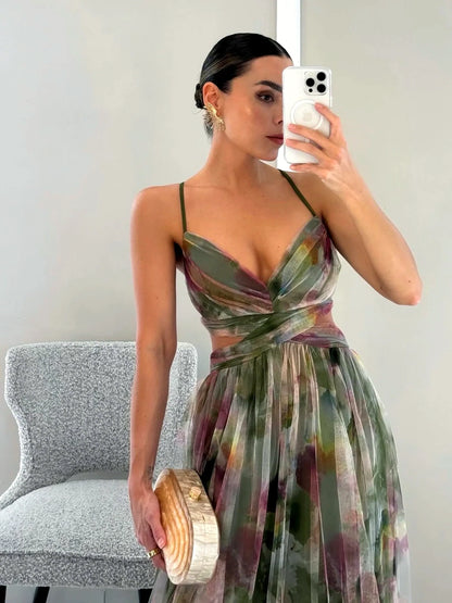 Women's printed cutout-waist maxi dress in olive multicolor, bodice detail.