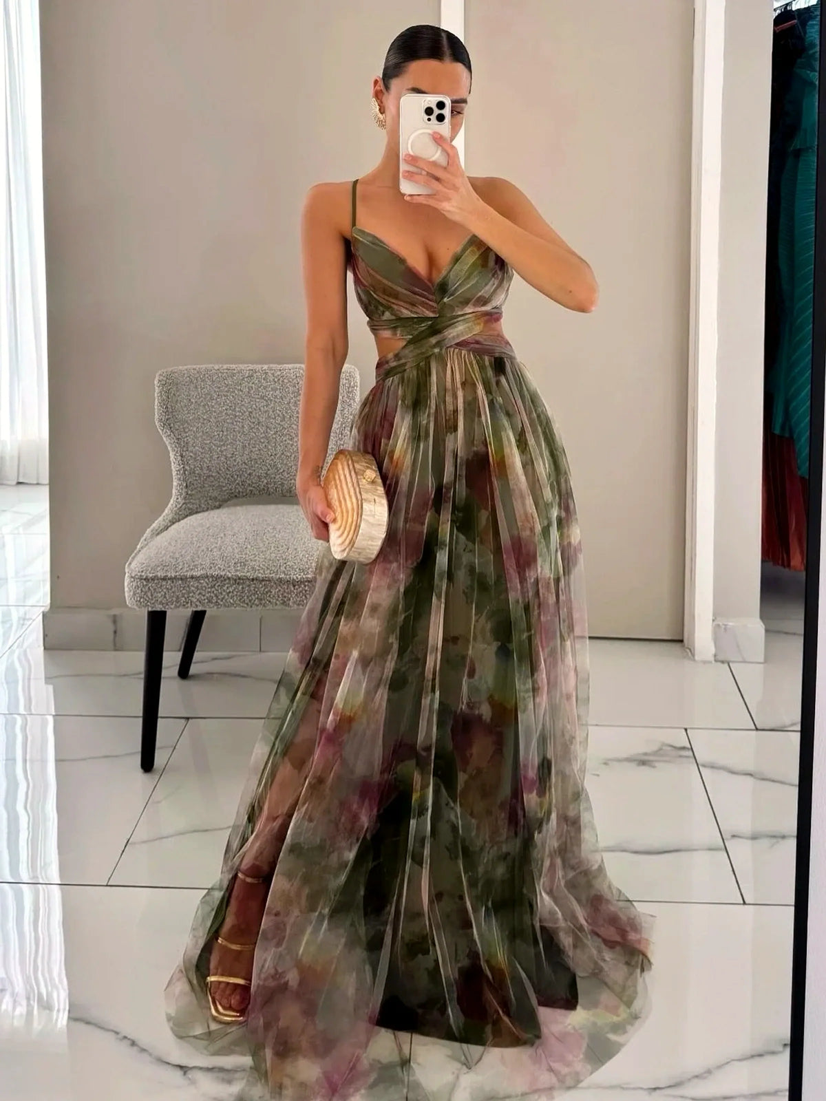Women's printed cutout-waist maxi dress in olive multicolor, front mirror view.