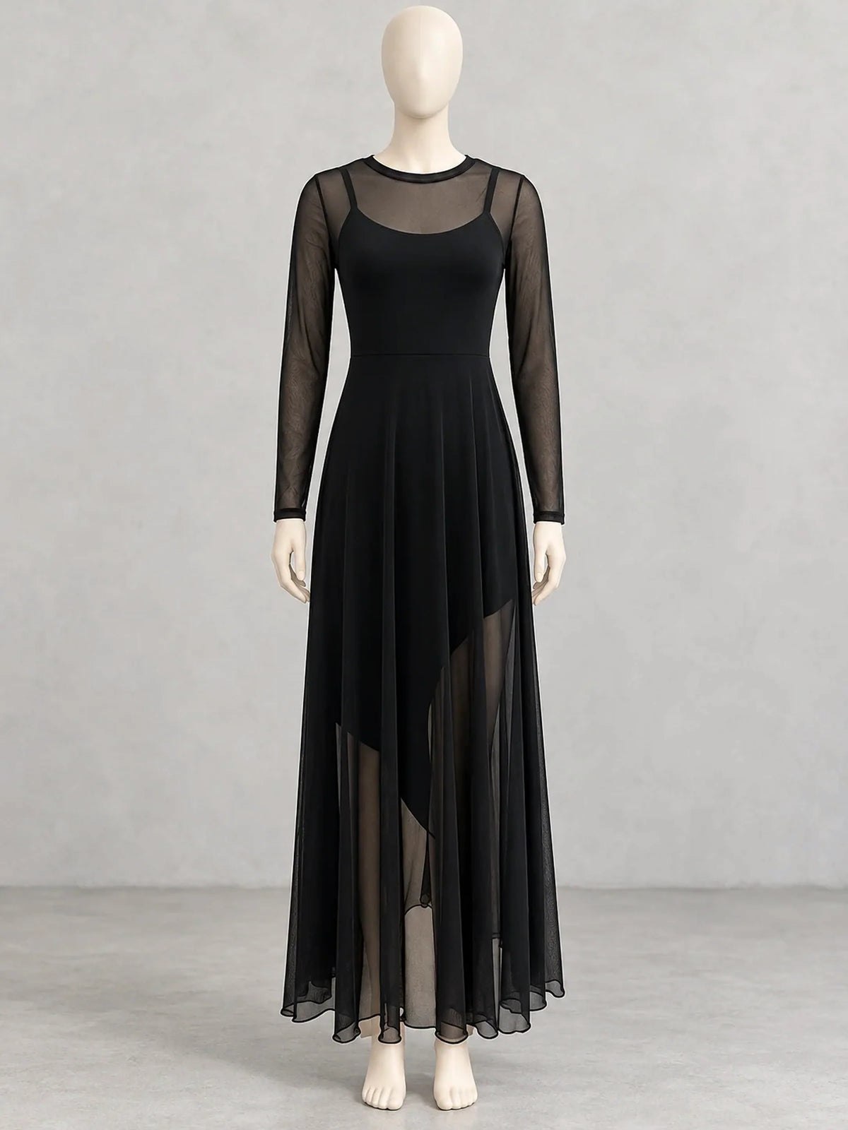 Women's sheer long-sleeve flowing maxi dress in black, front mannequin view.