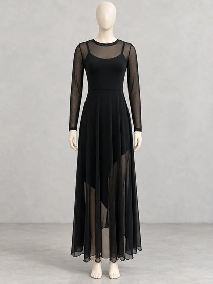 Women's sheer long-sleeve flowing maxi dress in black, front mannequin view.