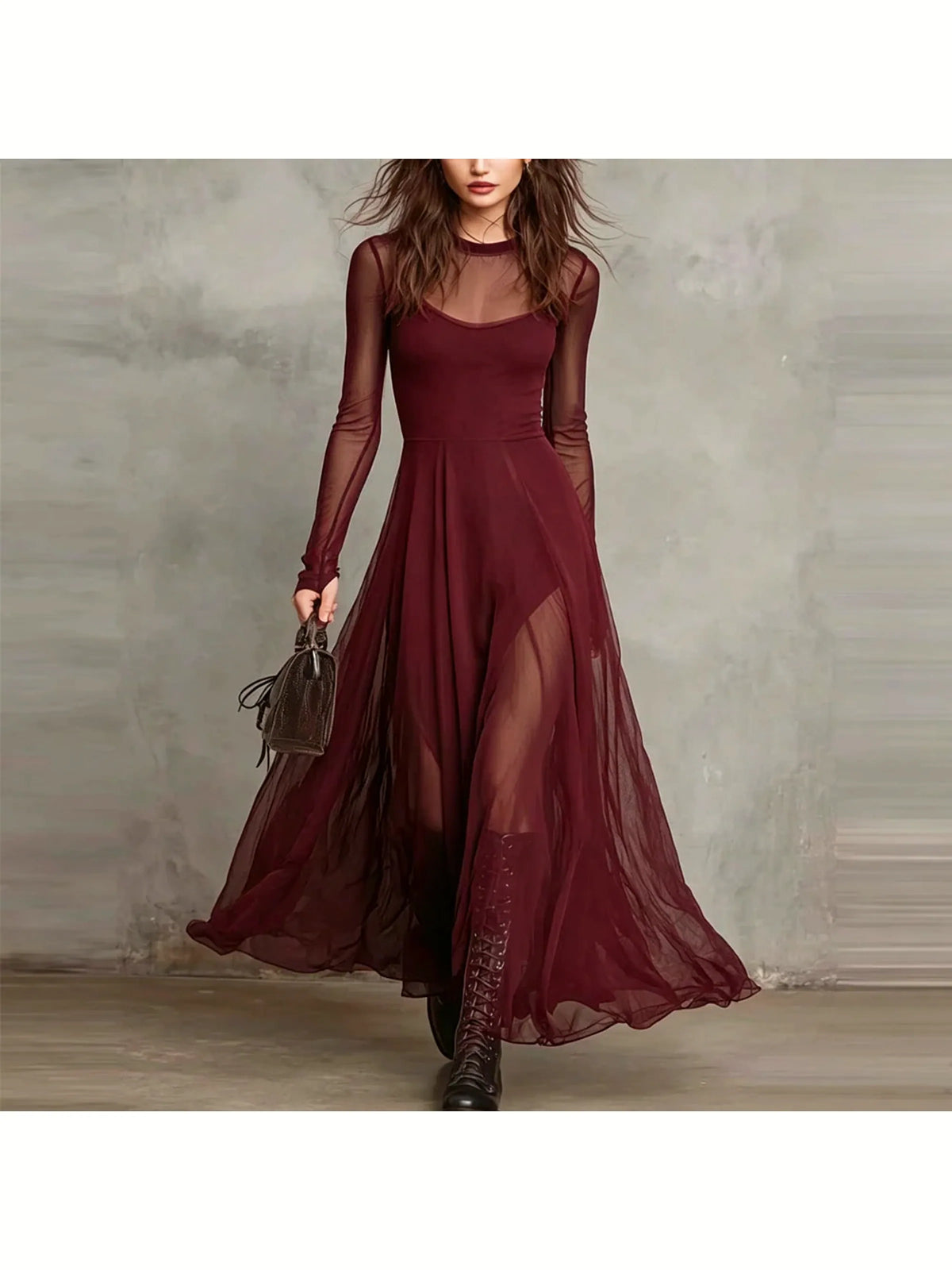 Women's sheer long-sleeve flowing maxi dress in burgundy, front model view.