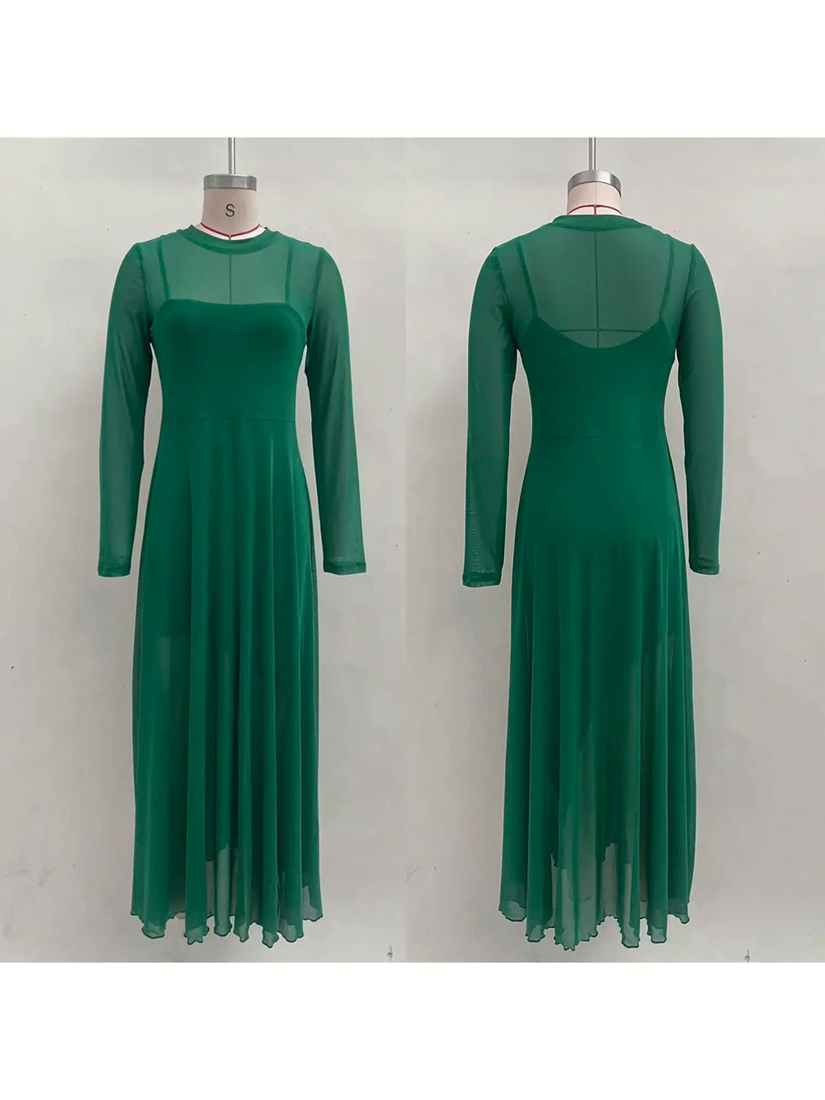 Women's sheer long-sleeve flowing maxi dress in green, front and back mannequin comparison.