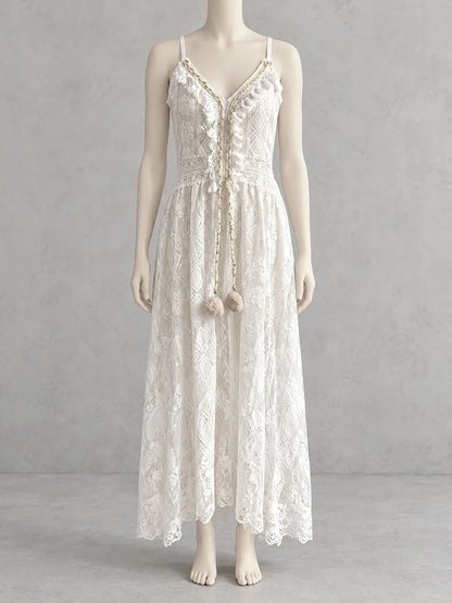 Women's sleeveless lace high-low dress in white, front mannequin view.