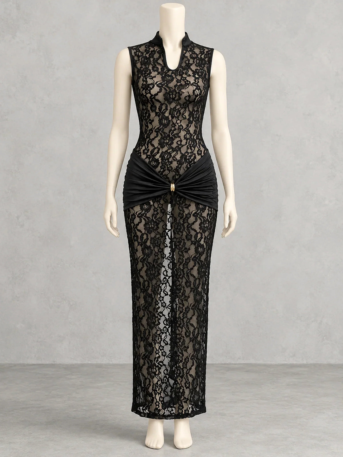 Women's sleeveless lace keyhole slit maxi dress in black, front mannequin view.