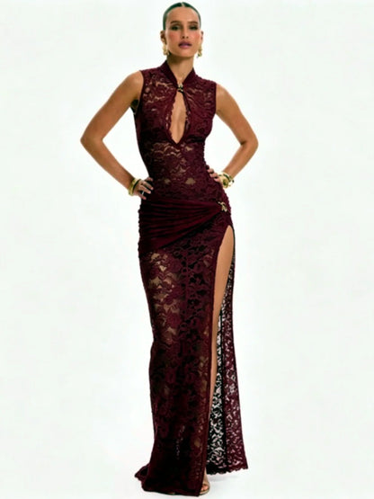 Women's sleeveless lace keyhole slit maxi dress in burgundy, front model view.