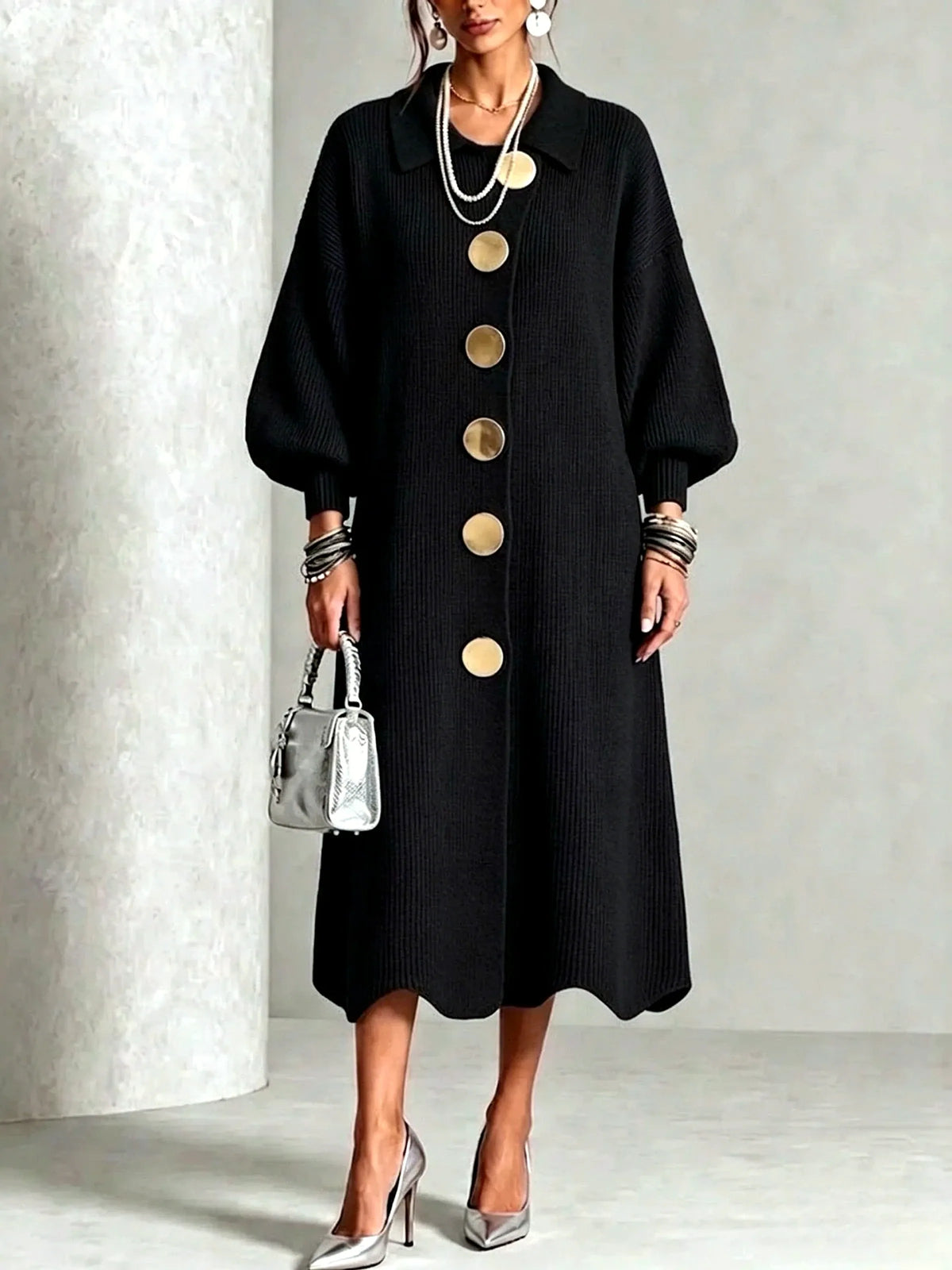 Women's statement-button knit midi dress in black, front model view.