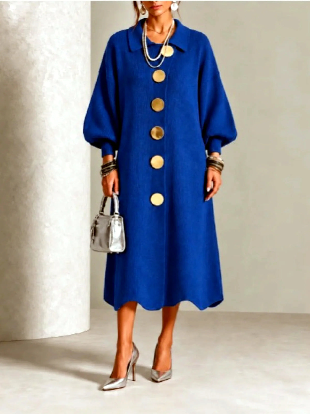 Women's statement-button knit midi dress in royal blue, front model view.