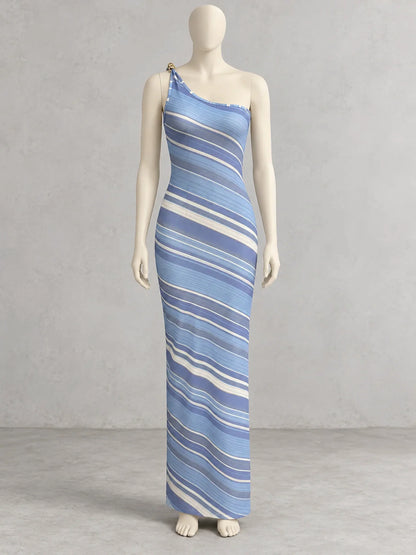 Women's striped one-shoulder maxi dress in blue and white, front mannequin view.