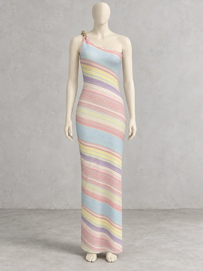 Women's striped one-shoulder maxi dress in pastel multicolor, front mannequin view.