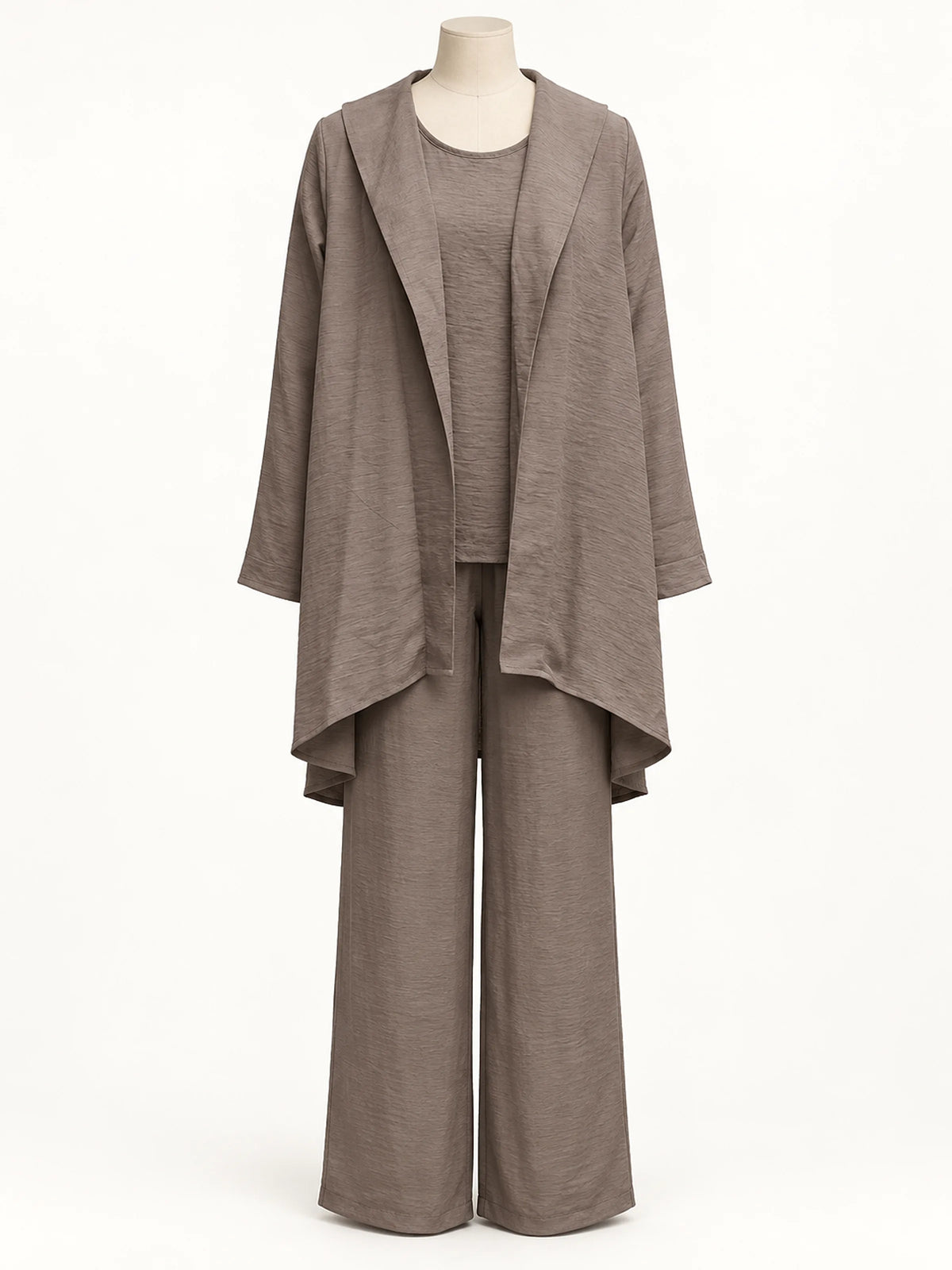 Front view of the taupe textured relaxed-fit outfit with an asymmetric open-front layer and matching wide-leg pants.