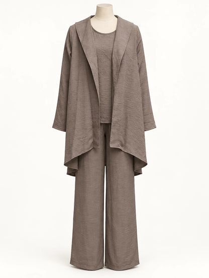 Front view of the taupe textured relaxed-fit outfit with an asymmetric open-front layer and matching wide-leg pants.