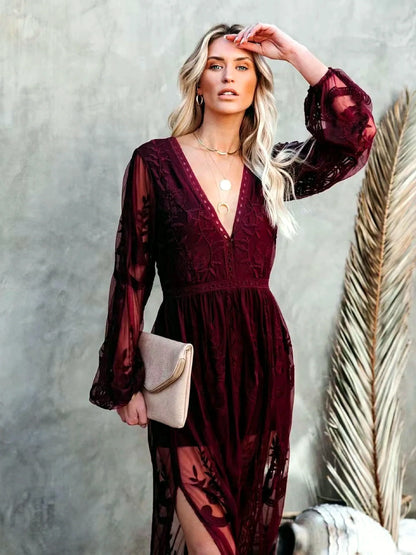 Women's V-neck long-sleeve sheer lace maxi dress in burgundy, bodice detail.